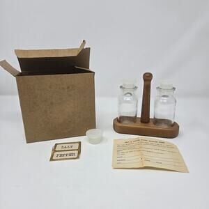 US Plywood Corp Clear Glass Salt and Pepper Shakers Wood Stand Cruet Set Unused